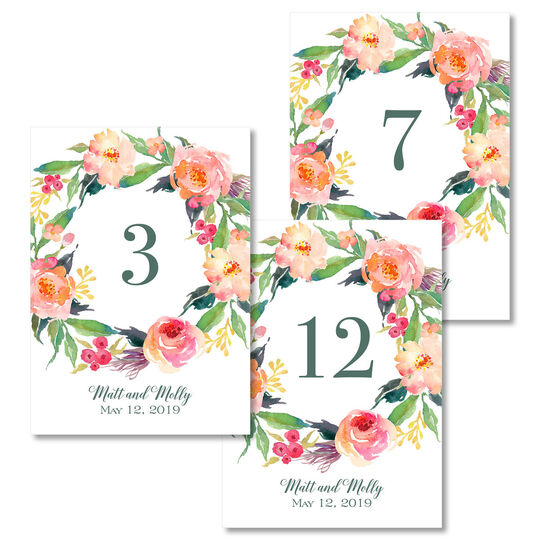 Watercolor Floral Wreath Table Number Cards